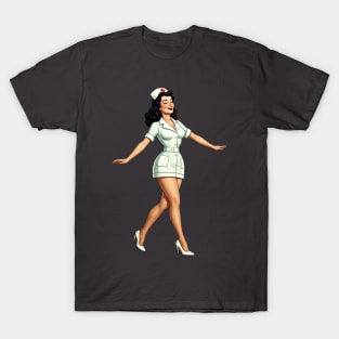 Happy Retro Brunette Nurse Pinup Girl T-Shirt